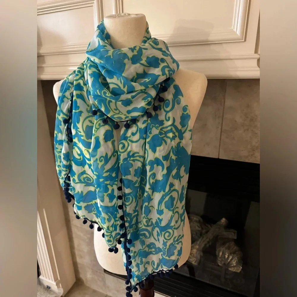 Charming Charlie Soft Floral Print Scarf with Pom Poms Borders
